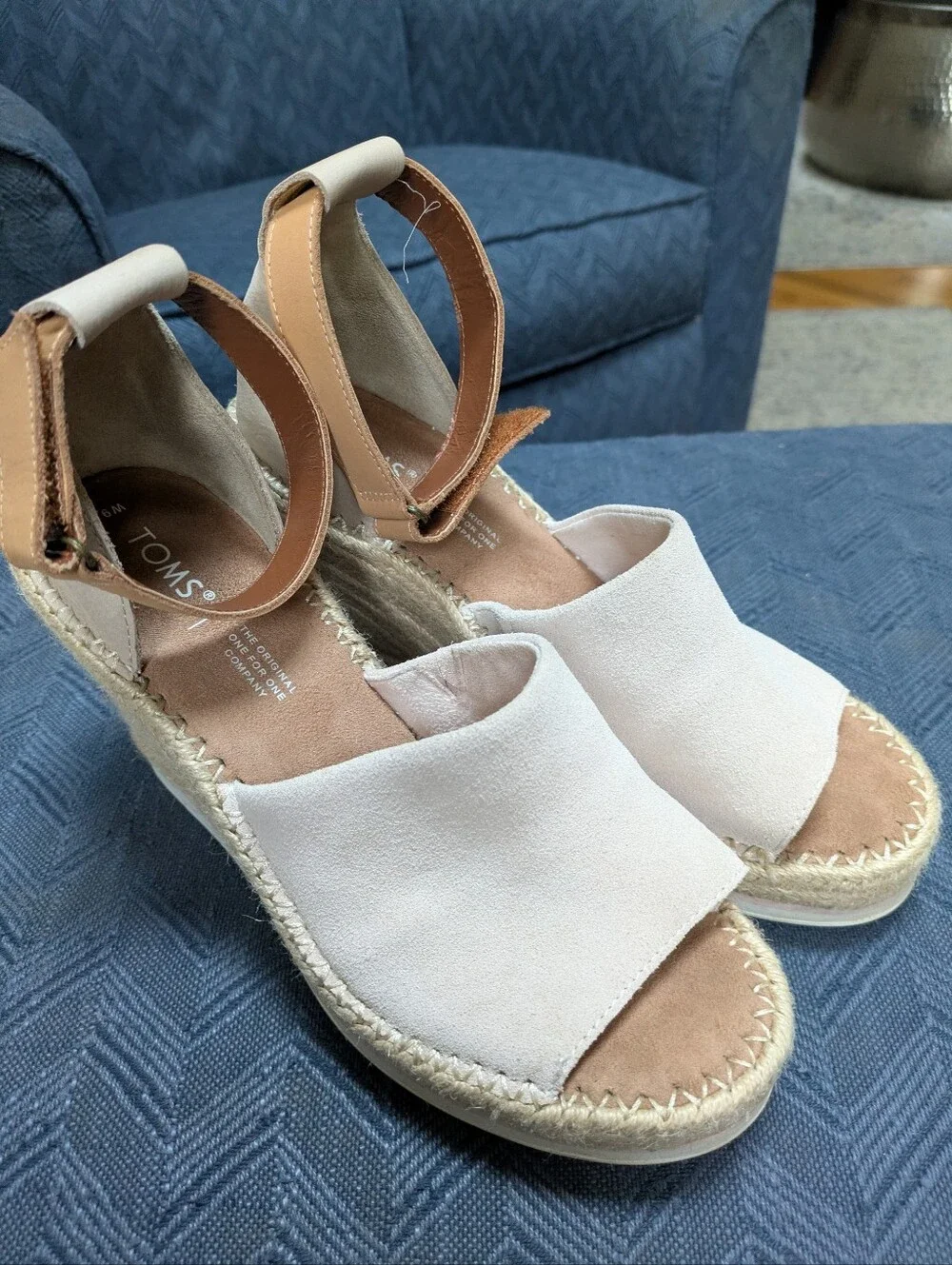 TOMS Cream Espadrille Wedge Sandals with Tan Ankle Strap
